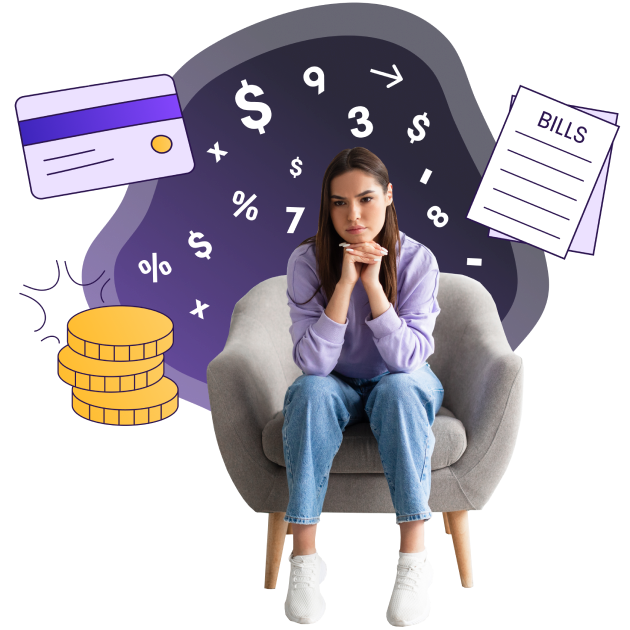 Femme assise sur une chaise, la tête dans les mains, confrontée à un stress financier dû aux appels de recouvrement, aux factures en souffrance et à une dette élevée.