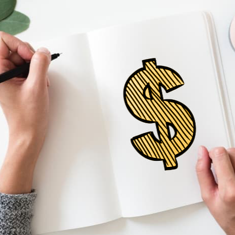 Person holding a pen drawing a large dollar sign on a piece of paper