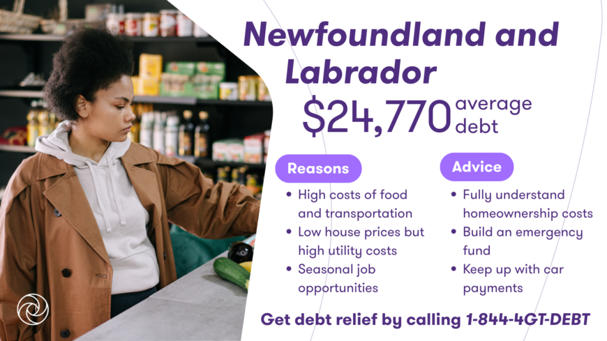Construction worker holding a hard hat beside a graphic showing Newfoundland and Labrador’s $24,770 average debt with reasons and advice for debt relief.