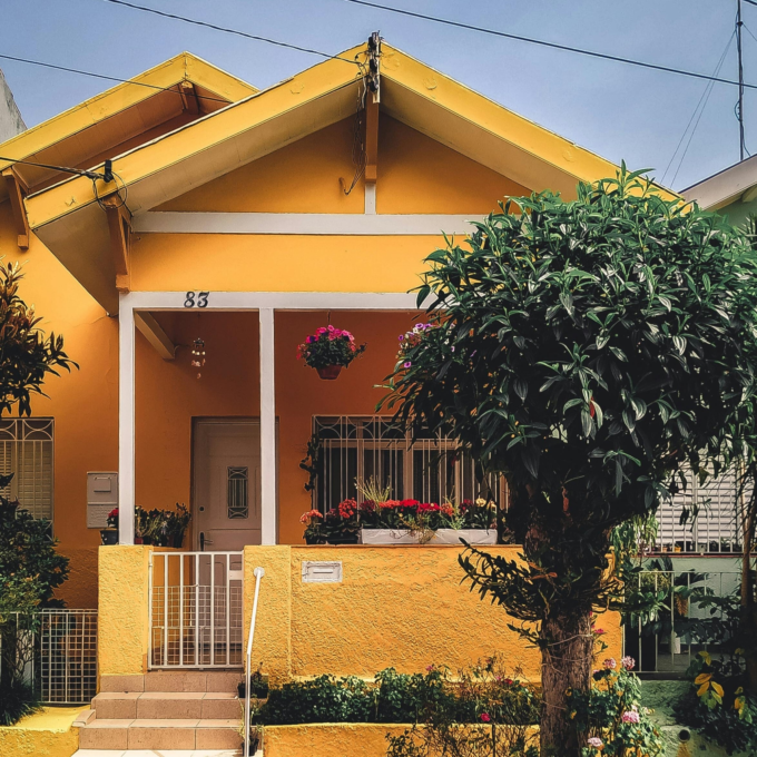 The outside of a yellow house
