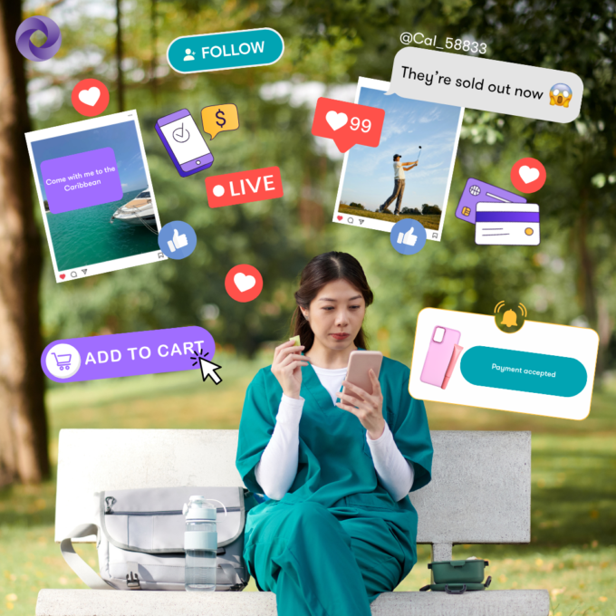 A woman in scrubs sitting on a park bench looking at her phone, with imagery of social media likes and spending surrounding her.