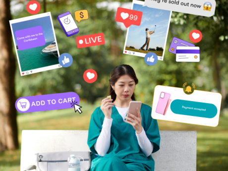 A woman in scrubs sitting on a park bench looking at her phone, with imagery of social media likes and spending surrounding her.