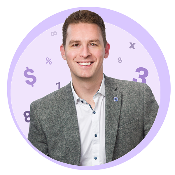Portrait de notre syndic autorisé en insolvabilité, Braden Burritt, sur un fond de cercles violets et d'icônes numériques.