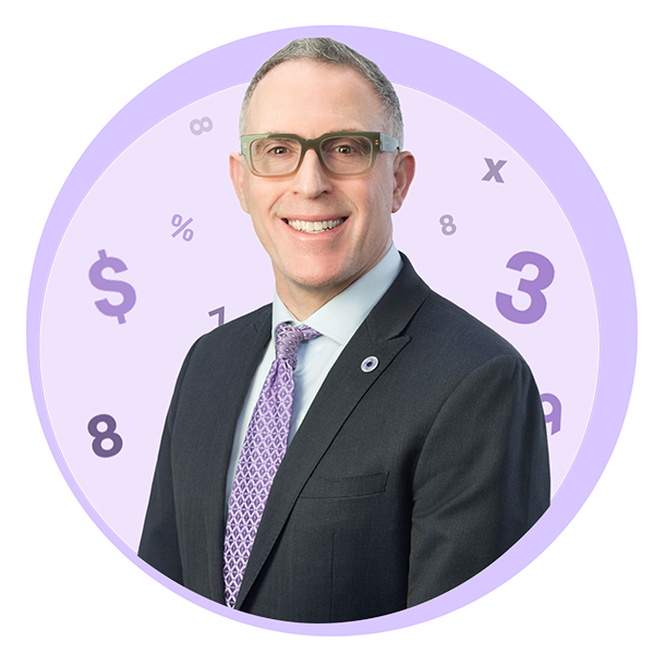 Portrait de notre syndic autorisé en insolvabilité, Frank Fabiano, sur un fond de cercles violets et d'icônes numériques.