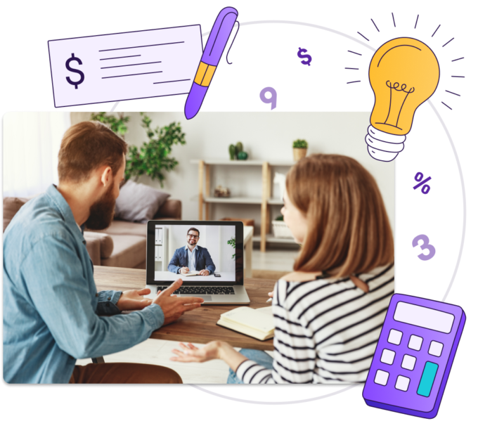 Homme et femme ayant une consultation virtuelle via un ordinateur portable avec un professionnel des solutions de dette. Il y a des illustrations d'une calculatrice, d'un chèque et d'une ampoule entourant leur image.