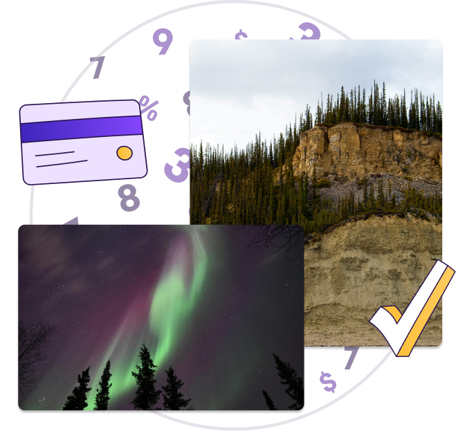 A graphic that includes an image of multi-layered banks of the Deh Cho (Mackenzie River) and an image of the Aurora Borealis in the night sky in Inuvik, Northwest Territories.