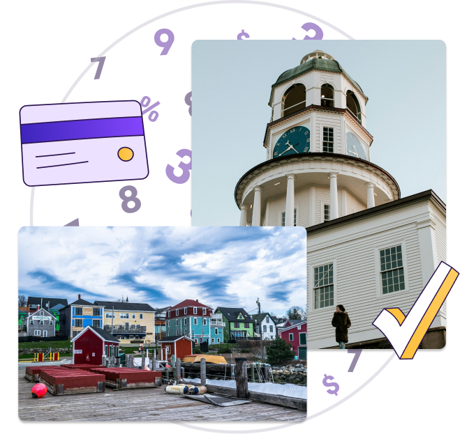 Un graphique qui comprend une image de Lunenburg, en Nouvelle-Écosse, et de l'horloge de la ville d'Halifax sur la colline de la Citadelle en Nouvelle-Écosse.