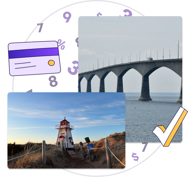 Un graphique comprenant une image d’un phare sur une plage et du pont de la Confédération à l’Île-du-Prince-Édouard.