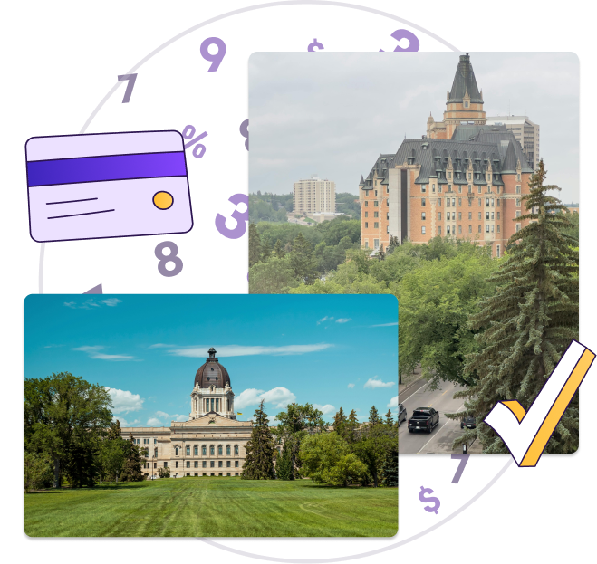 A graphic that includes an image of the Saskatchewan Legislative Building in Regina, and an image of the Bessborough Hotel in Saskatoon.