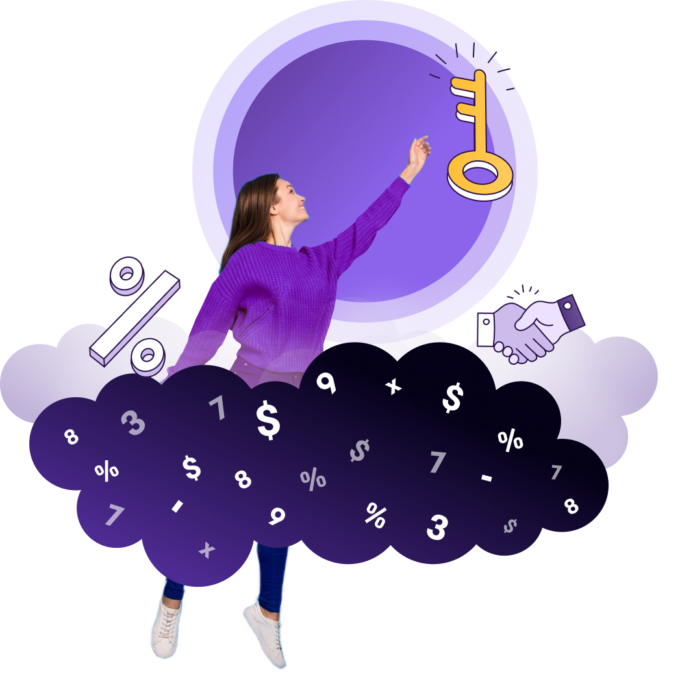 Femme debout dans des nuages sombres atteignant une clé en or, symbolisant un nouveau départ financier